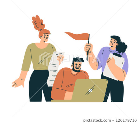 Productive Team with Business Man and Woman at Laptop Work Together Vector Illustration Productive Team with Business Man and Woman at Laptop Work Together Vector Illustration 120179710