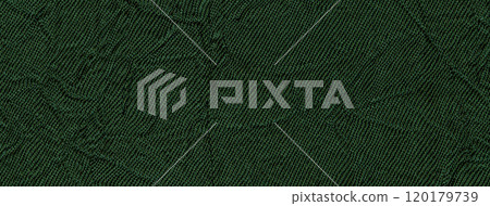 Dark green wavy background from textile material. Texture of olive fabric with wrinkled pattern, macro. 120179739