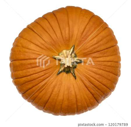 Classic orange pumpkin with ribbed surface, isolated on white background. Top view. Perfect for themes related to Halloween, Thanksgiving, harvest season, fall decor, and natural food visuals. Classic orange pumpkin with ribbed surface, isolated on white background. Top view. Perfect for themes related to Halloween, Thanksgiving, harvest season, fall decor, and natural food visuals. 120179789