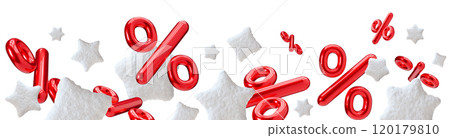 Vibrant footer with floating percentage symbols and snow stars, isolated on white background. Special winter offers discounts. Modern border. Red and white colors. Bottom of the sheet. Foreground. 3D. 120179810