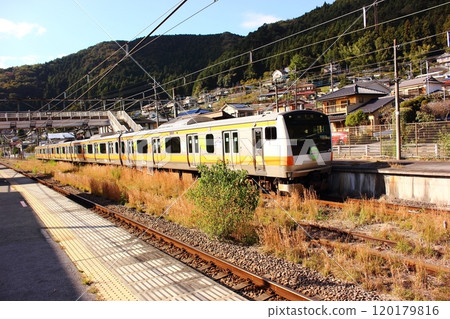 A train bound for Ome arriving at Furusato Station on the Ome Line (1) 120179816