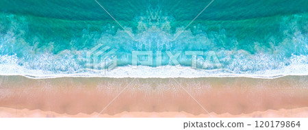 Top view aerial image from drone of an stunning beautiful sea landscape beach with turquoise water with copy space for your text. Beautiful Sand beach with turquoise water, aerial UAV drone shot Top view aerial image from drone of an stunning beautiful sea landscape beach with turquoise water with copy space for your text. Beautiful Sand beach with turquoise water, aerial UAV drone shot 120179864