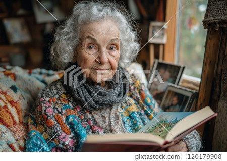 grandmother reads storybook her grandchild both nestled comfortably plush bed surrounded warm decor family photos and soft morning light highlighting their joyful connection. 120179908