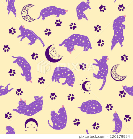 Mystical seamless pattern of cats in boho style, silhouette collection Mystical seamless pattern of cats in boho style, silhouette collection 120179934