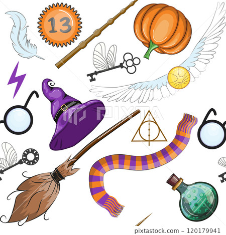 Magic items seamless pattern in cartoon bright style. Witchcraft and sorcery. Esotericism and mysticism, occultism. 120179941