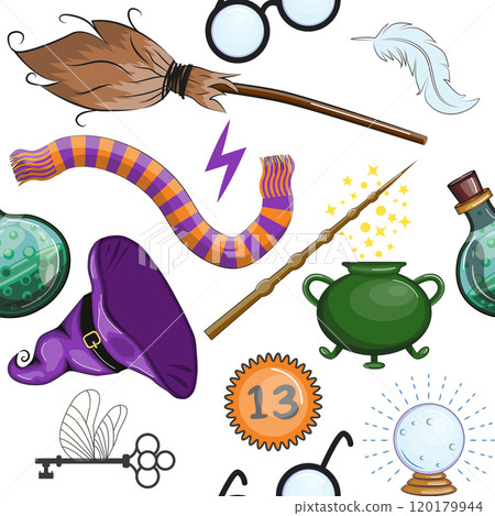 Magic items seamless pattern in cartoon bright style. Witchcraft and sorcery. Esotericism and mysticism, occultism. Magic items seamless pattern in cartoon bright style. Witchcraft and sorcery. Esotericism and mysticism, occultism. 120179944
