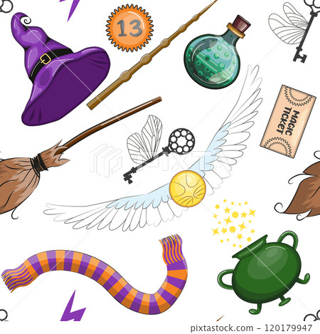 Magic items seamless pattern in cartoon bright style. Witchcraft and sorcery. Esotericism and mysticism, occultism. 120179947
