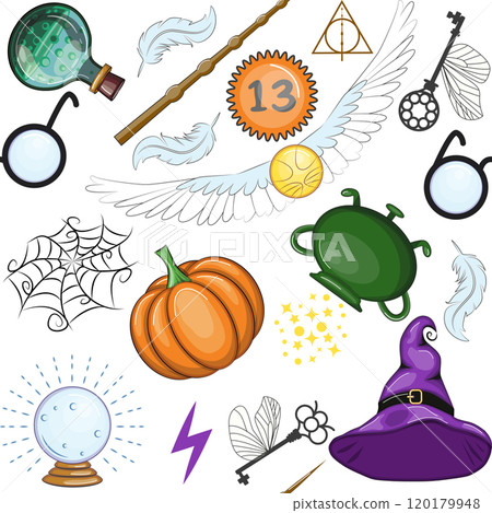 Magic items seamless pattern in cartoon bright style. Witchcraft and sorcery. Esotericism and mysticism, occultism. 120179948