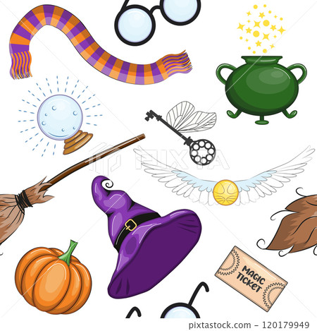 Magic items seamless pattern in cartoon bright style. Witchcraft and sorcery. Esotericism and mysticism, occultism. 120179949