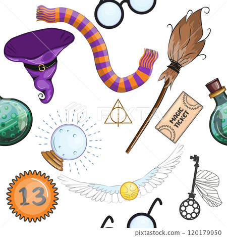 Magic items seamless pattern in cartoon bright style. Witchcraft and sorcery. Esotericism and mysticism, occultism. 120179950