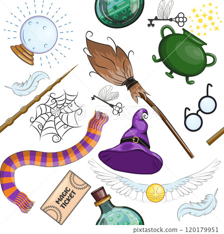 Magic items seamless pattern in cartoon bright style. Witchcraft and sorcery. Esotericism and mysticism, occultism. Magic items seamless pattern in cartoon bright style. Witchcraft and sorcery. Esotericism and mysticism, occultism. 120179951