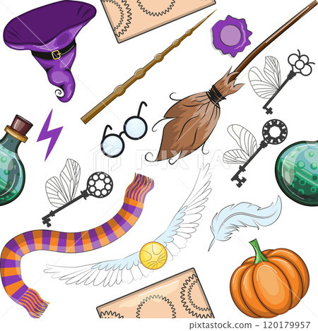 Magic items seamless pattern in cartoon bright style. Witchcraft and sorcery. Esotericism and mysticism, occultism. 120179957