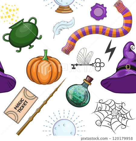 Magic items seamless pattern in cartoon bright style. Witchcraft and sorcery. Esotericism and mysticism, occultism. 120179958