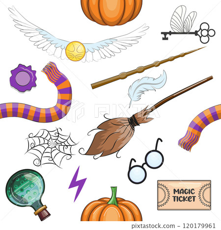 Magic items seamless pattern in cartoon bright style. Witchcraft and sorcery. Esotericism and mysticism, occultism. 120179961