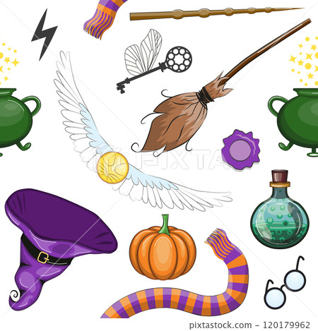 Magic items seamless pattern in cartoon bright style. Witchcraft and sorcery. Esotericism and mysticism, occultism. 120179962