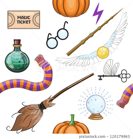 Magic items seamless pattern in cartoon bright style. Witchcraft and sorcery. Esotericism and mysticism, occultism. 120179963