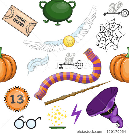 Magic items seamless pattern in cartoon bright style. Witchcraft and sorcery. Esotericism and mysticism, occultism. 120179964