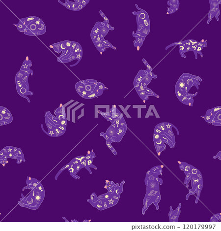 Mystical seamless pattern of cats in boho style, silhouette collection. Witchcraft and magic. Esotericism Mystical seamless pattern of cats in boho style, silhouette collection. Witchcraft and magic. Esotericism 120179997