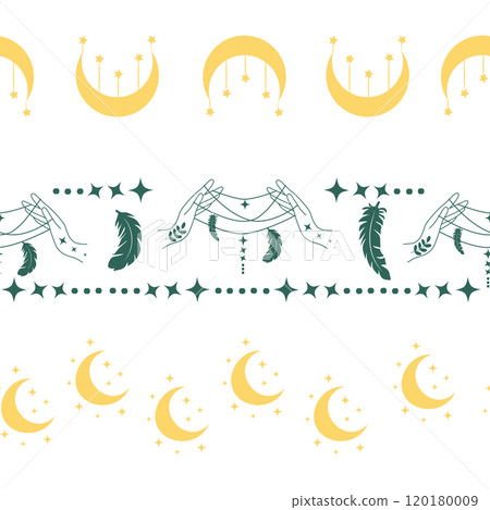 Horizontal border, set Magic and heavens seamless pattern, with magical elements Symbols of witchcraft Horizontal border, set Magic and heavens seamless pattern, with magical elements Symbols of witchcraft 120180009