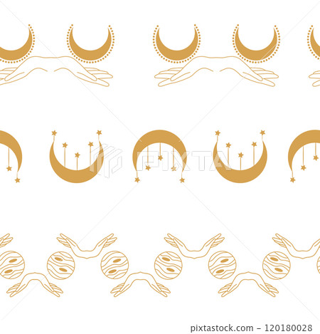 Horizontal border, set Magic and heavens seamless pattern, with magical elements Symbols of witchcraft Horizontal border, set Magic and heavens seamless pattern, with magical elements Symbols of witchcraft 120180028