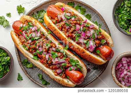 Featuring classic American chili dog presentation highlights toasted bun filled chili chopped onions and shredded cheese evoking cravings savory comfort food. 120180038