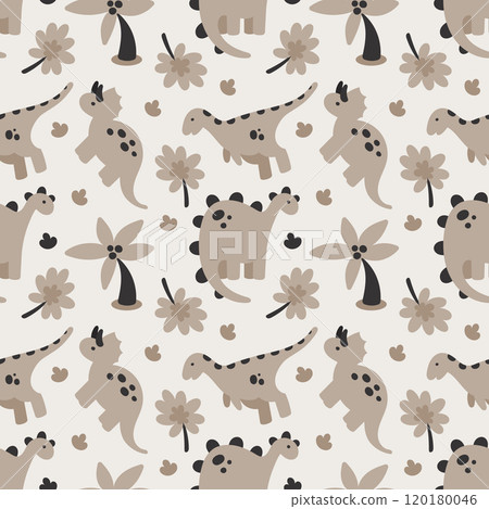 Seamless pattern with different dinosaurs. Cute children's beige background design. Repeating print for fabric, wrapping paper, textile, wallpaper Seamless pattern with different dinosaurs. Cute children's beige background design. Repeating print for fabric, wrapping paper, textile, wallpaper 120180046