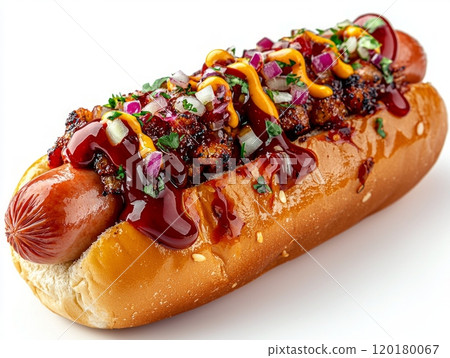classic hot dog nestled toasted bun topped mustard ketchup and finely chopped onions highlighted even lighting enhances its appetizing appeal and vibrant colors. 120180067
