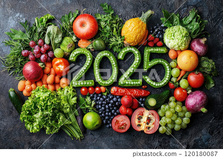 Fruits and vegetables. New year "2025" made of fruits and vegetables. Healthy food. 120180087
