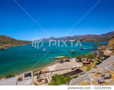Overlooking the island's harbor from the ruins' high point (Spinalonga, Crete, Greece) 120180096