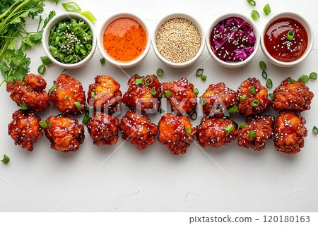 Crispy and golden brown pieces Korean fried chicken are glazed sticky spicy sauce and garnished sesame seeds and sliced green onions clean white background. 120180163