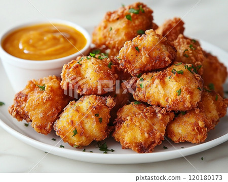 arrangement crunchy chicken nuggets showcases their golden exterior alongside small bowl dipping sauce emphasizing simplicity and deliciousness. 120180173