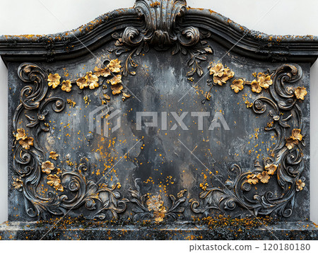 close up showcases ornamental bronze marker elegant floral elements scrollwork and warm patina highlighted soft lighting enhanced detail. 120180180