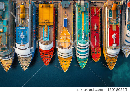 Aerial view of docked vibrant passenger cruise ships, showcasing vacation readiness and creative travel. Perfect for themes of summer tours and global exploration 120180215