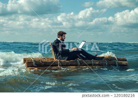 Businessman in a suit working on a laptop while floating on a makeshift raft in the open sea. Concept of remote work, resilience and isolation in nature 120180216