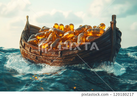 Wooden boat carrying golden fish oil capsules made from fresh organic marine ingredients. A symbol of purity and natural wellness in dietary supplements 120180217