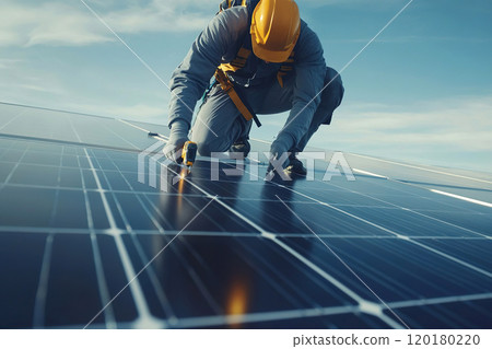 Worker in protective gear installs solar panels ensuring safety at height. Reflects themes of renewable energy, technical skills and secure installation practices 120180220