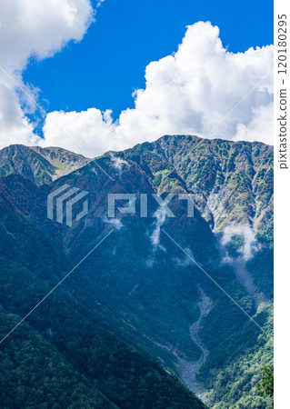 Akaishi-dake seen from the observation deck on the hiking trail to Senmai-goya, Southern Alps, climbing Mt. Akuzawa-dake and Mt. Arakawa-dake 120180295