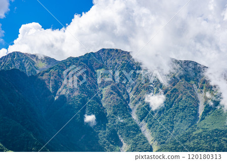 Mt. Ko-Akaishi seen from the observation deck on the hiking trail to Senmaigoya hut. Climbing Mt. Akuzawa and Mt. Arakawa in the Southern Alps 120180313
