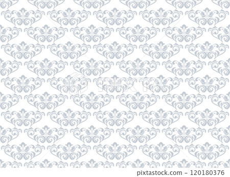 Floral pattern. Vintage wallpaper in the Baroque style. Seamless vector background. White and gray ornament for fabric, wallpaper, packaging. Ornate Damask flower ornament Floral pattern. Vintage wallpaper in the Baroque style. Seamless vector background. White and gray ornament for fabric, wallpaper, packaging. Ornate Damask flower ornament 120180376