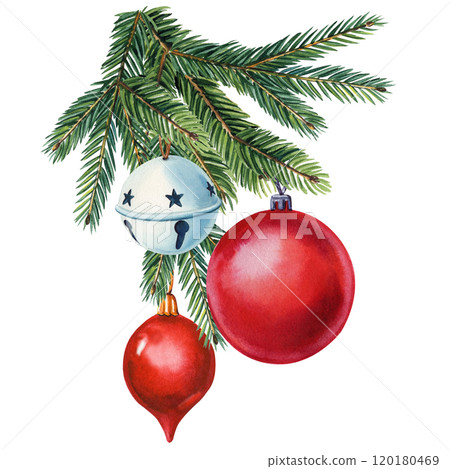 Watercolor Christmas arrangement, hand-painted festive holiday decorations with red baubles, bells and pine branches Watercolor Christmas arrangement, hand-painted festive holiday decorations with red baubles, bells and pine branches 120180469