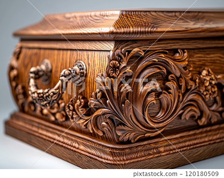 close up view reveals detailed craftsmanship rich dark wooden casket ornate carvings and decorative handles embodying sense tradition and solemnity. 120180509