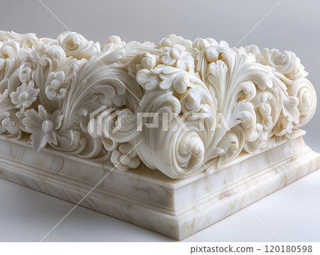 close up view showcases luxurious marble coffin intricately adorned floral motifs and detailed scrollwork emphasizing elegant craftsmanship polished finish. 120180598