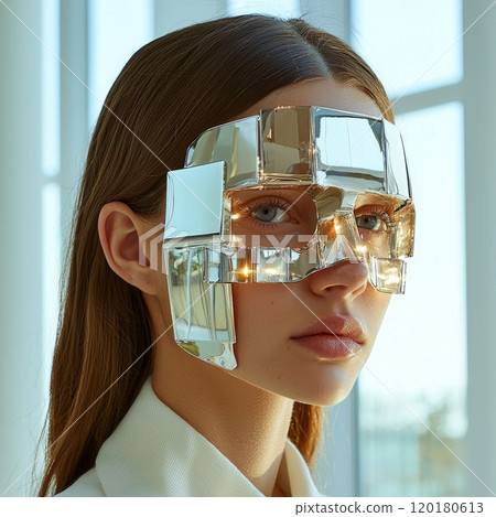 European woman exhibits innovative 3D makeup art featuring sculptural designs her cheeks and forehead while wearing stylish semi transparent mask bright studio. European woman exhibits innovative 3D makeup art featuring sculptural designs her cheeks and forehead while wearing stylish semi transparent mask bright studio. 120180613
