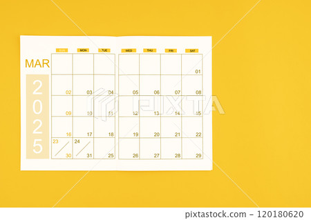 Agenda or planner book for March 2025 calendar with blank space for your text. 120180620