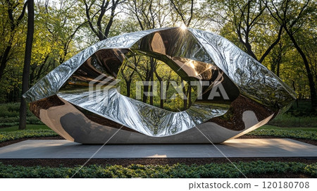 sleek stainless steel monument features sharp angles and reflective surface set white background highlighting modern architectural artistry tranquil environment. 120180708