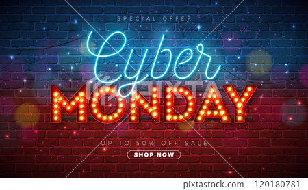 Black Friday Sale Banner with Glowing Neon and Light Bulb Typography Lettering on Brick Wall Background. Modern Vector Holiday Season Minimal Design for Promotion Flyer, Advertising Poster, Fashion 120180781