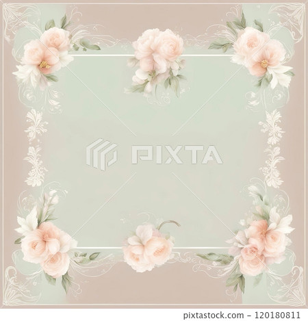 Elegant vintage floral frame design featuring delicate pink roses and intricate white lace patterns 120180811