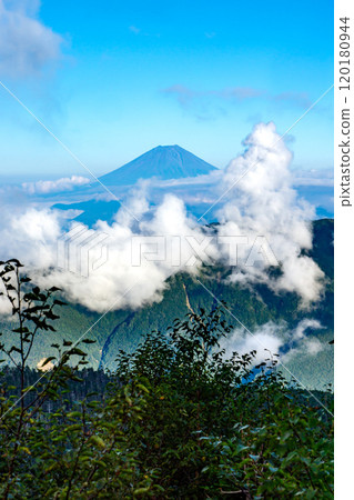 Mount Fuji seen from the terrace of Senmaigoya, Southern Alps, climbing Mount Arakawa and Mount Arakawa 120180944