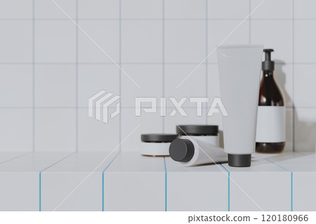 Cream tube container mock-up with white tile background, 3d render Cream tube container mock-up with white tile background, 3d render 120180966