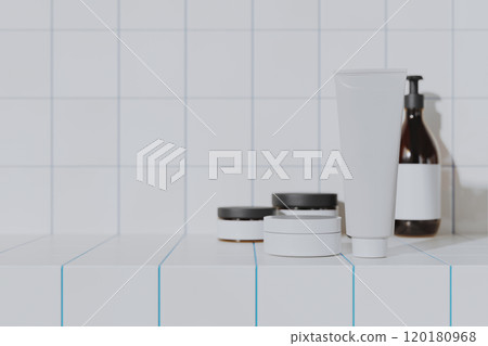 Cream jar and tube containers mock-up with white tile background, 3d render Cream jar and tube containers mock-up with white tile background, 3d render 120180968